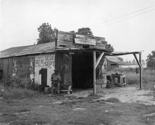 A man sits outside a rustic wooden building with a sign, surrounded by overgrown grass and trees.