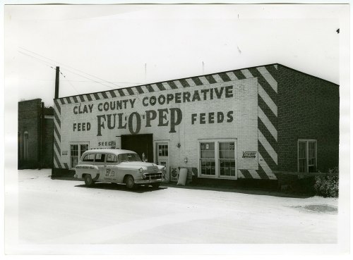 Black and white photo of a vintage car parked outside a cooperative feed store with a large painted sign.