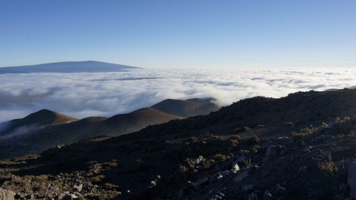 A panoramic view of rolling hills above a sea of clouds, with a distant mountain peak under a clear blue sky.