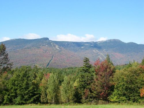 A scenic view of mountains with autumn foliage and a clear blue sky in the background.
