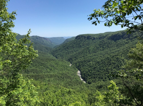 A panoramic view of lush green mountains and a valley under a clear blue sky.