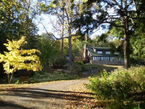 A scenic view of a house surrounded by trees and autumn foliage, with a path leading through a peaceful garden.