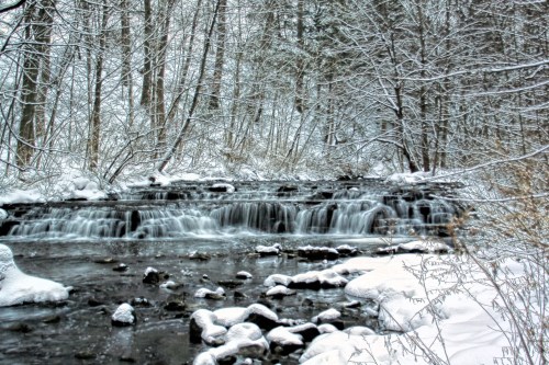 A serene winter scene featuring a snow-covered stream with cascading waterfalls surrounded by frosty trees.