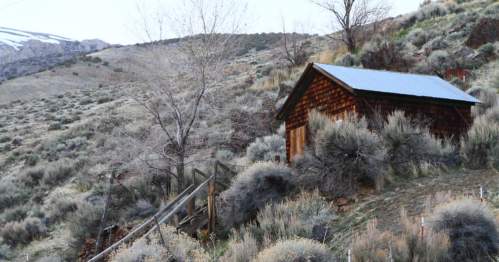 A rustic wooden cabin nestled in a hilly landscape with sparse vegetation and a wooden staircase leading up to it.