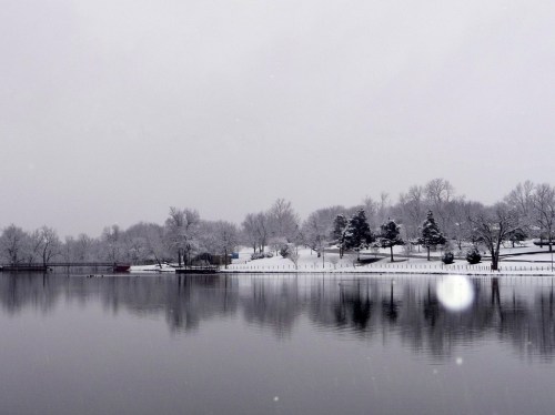 A serene winter scene of a snowy landscape reflected in a calm lake, with trees and a cloudy sky.