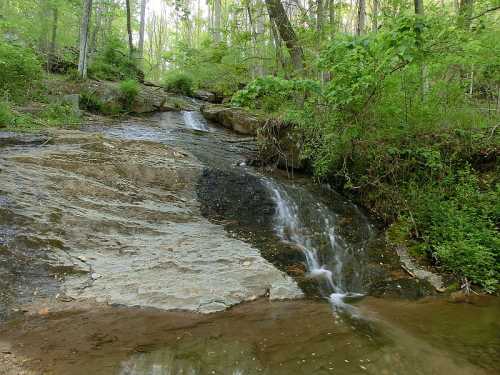 A serene waterfall cascading over rocky terrain, surrounded by lush green trees and foliage.