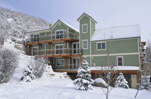 A large green house with multiple levels, surrounded by snow-covered trees and a snowy landscape.