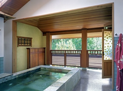 A serene indoor space featuring a small pool, wooden accents, and large windows overlooking a lush outdoor view.