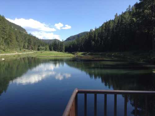 A serene lake surrounded by lush green trees and mountains under a clear blue sky. Reflections shimmer on the water.