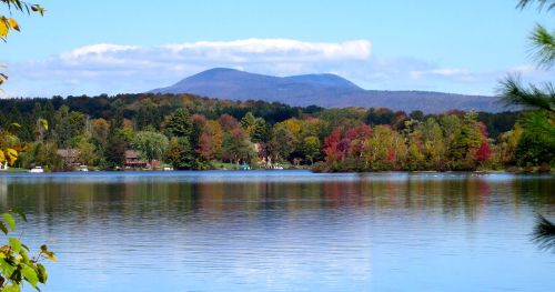 Scenic view of a calm lake surrounded by colorful autumn trees and distant mountains under a clear blue sky.