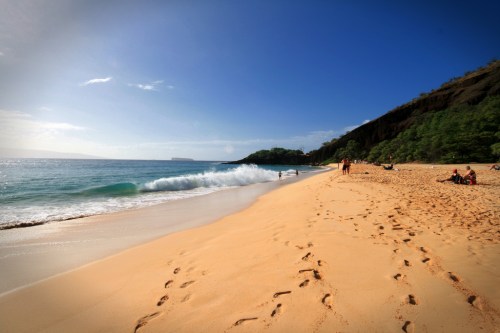 A serene beach scene with gentle waves, golden sand, and people enjoying the sun under a clear blue sky.
