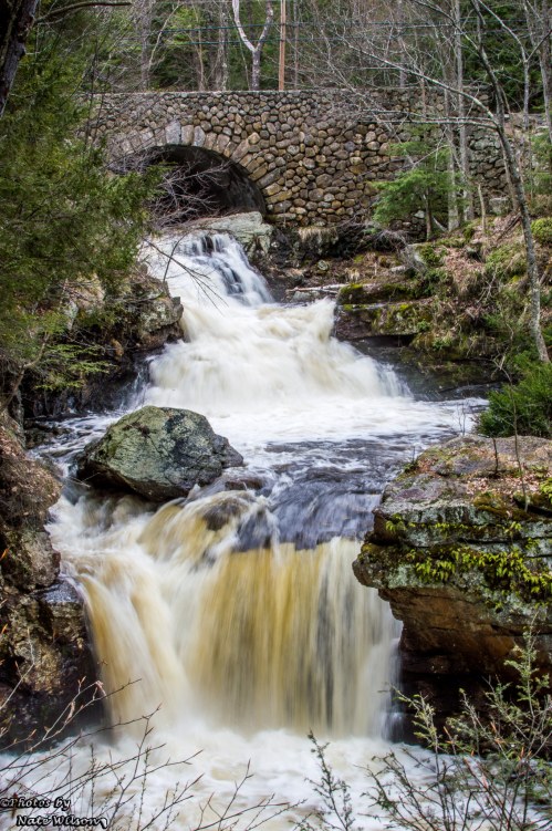 A serene waterfall cascades over rocks beneath a stone bridge, surrounded by lush greenery and trees.