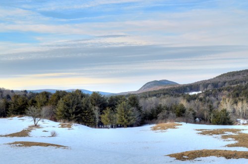 A snowy landscape with rolling hills, pine trees, and a distant mountain under a cloudy sky.