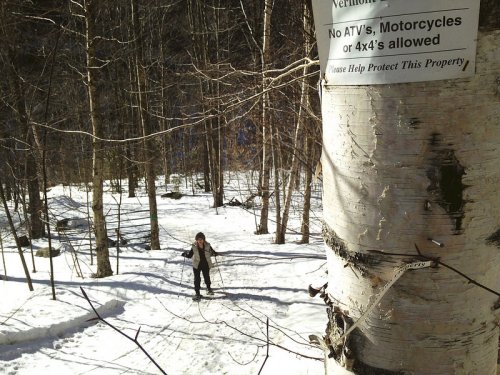 A person skiing on a snowy trail surrounded by trees, with a sign prohibiting ATVs and motorcycles nearby.