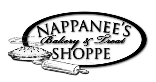 Logo for Nappanee's Bakery & Treat Shoppe featuring a pie and rolling pin in a classic design.