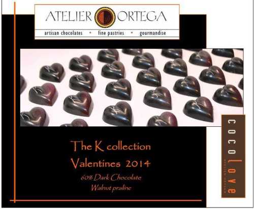 A display of heart-shaped dark chocolate pralines from Atelier Ortega's K Collection for Valentine's 2014.