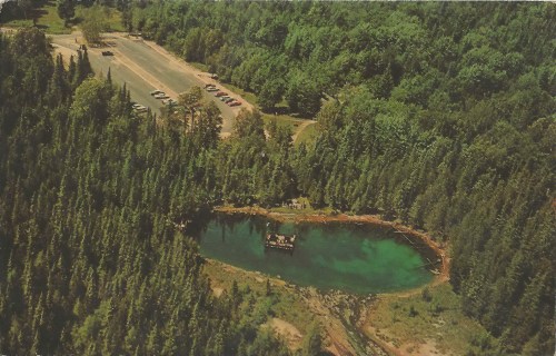Aerial view of a serene pond surrounded by dense forest, with a parking lot and cars visible nearby.
