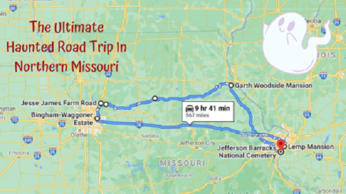 Map of a haunted road trip in Northern Missouri, highlighting key locations and travel time of 9 hours 41 minutes.