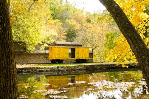 A bright yellow train car sits beside a tranquil pond, surrounded by vibrant autumn foliage and trees.