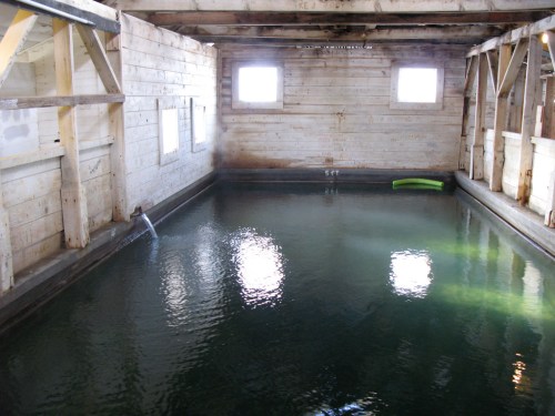 Interior of a wooden building with a calm, reflective water surface and a green float in the corner.