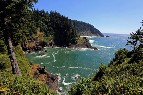 A scenic coastal view featuring lush greenery, rocky cliffs, and turquoise waves under a clear blue sky.