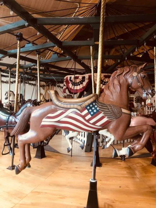 A wooden carousel horse painted with the American flag, set against a vintage carousel backdrop.