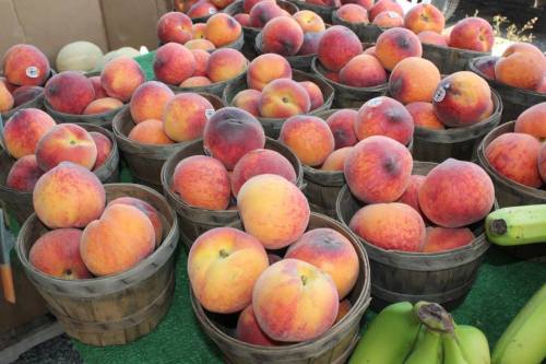 Baskets filled with ripe peaches at a market, surrounded by green grass and a few bananas in the foreground.