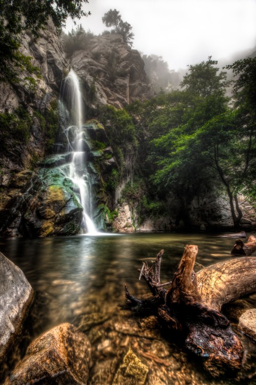 A serene waterfall cascades into a tranquil pool, surrounded by lush greenery and rocky cliffs in a misty atmosphere.