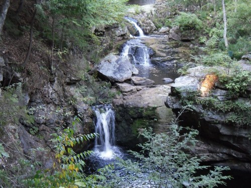 A serene landscape featuring multiple waterfalls cascading over rocks, surrounded by lush greenery and trees.