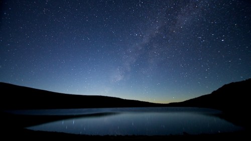 A serene night sky filled with stars above a calm lake, reflecting the Milky Way and distant hills.