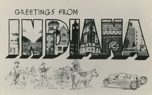 Postcard featuring "Greetings from Indiana" in bold letters, with images of landmarks, farming, and vintage cars.