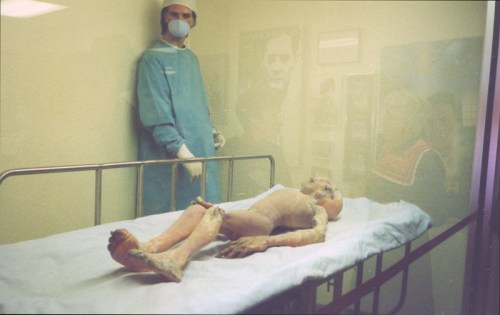 A medical professional in scrubs stands beside a humanoid figure on a gurney, partially obscured by glass.