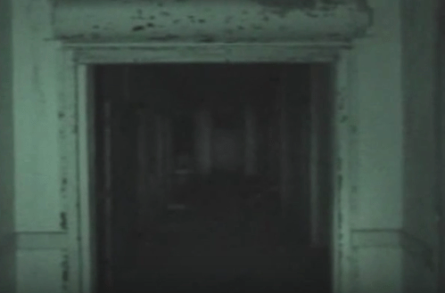 A dark, eerie hallway with peeling walls and an ominous atmosphere, leading into shadowy depths.