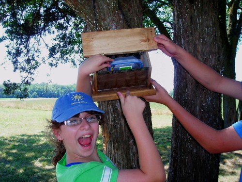 A girl excitedly points to a wooden box mounted on a tree, revealing a container inside.