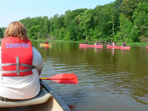 A person in a canoe wearing a life jacket, with kayakers paddling on a calm lake surrounded by lush greenery.