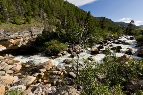 A scenic river flows through rocky terrain, surrounded by lush green trees and mountains under a clear blue sky.