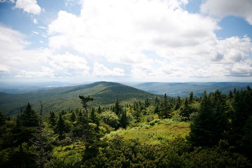 A panoramic view of lush green hills and trees under a partly cloudy sky.
