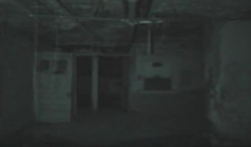 Dimly lit, eerie interior of an abandoned room with two doors and peeling walls. Shadows create a haunting atmosphere.