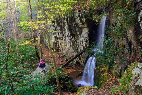 A serene waterfall cascades down rocky cliffs, surrounded by lush greenery and autumn foliage. A person sits nearby.