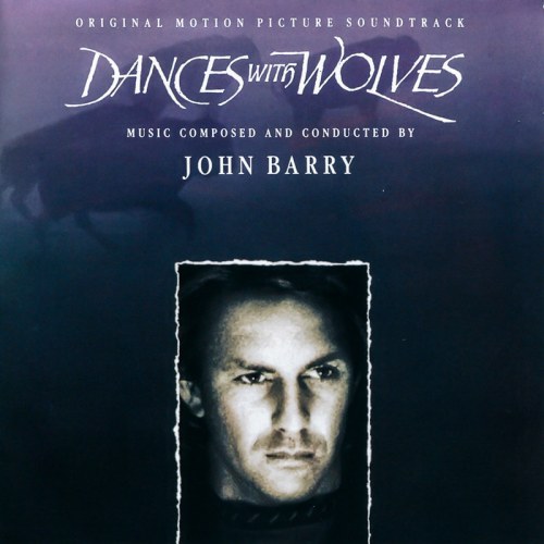 Album cover for "Dances with Wolves" soundtrack by John Barry, featuring a close-up of a man's face in a dark background.