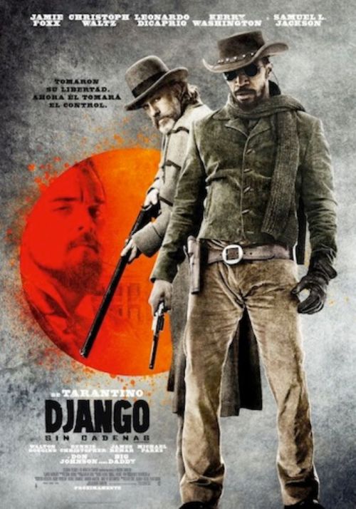 Movie poster for "Django Unchained," featuring two cowboys with guns against a red background.