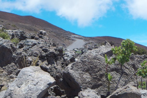 A rocky landscape with a winding path leading up a mountain under a blue sky with scattered clouds.