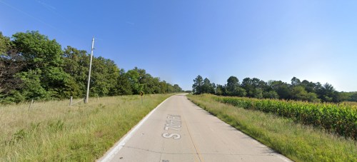 A rural road lined with trees and tall grass, leading into the distance under a clear blue sky.