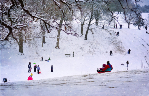 A snowy landscape with people sledding, playing, and enjoying winter activities among trees and hills.