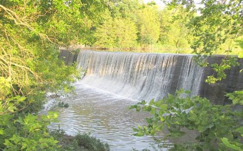 A serene waterfall cascading over a dam, surrounded by lush green trees and a calm river below.