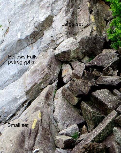 Image of rocky surface with petroglyphs labeled as "Large set" and "Small set" among scattered boulders.