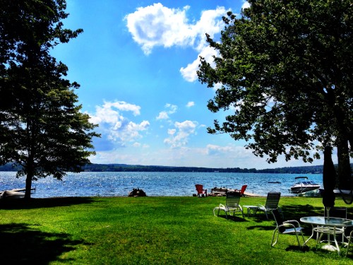 A serene lakeside view with green grass, trees, and boats on the water under a bright blue sky with fluffy clouds.