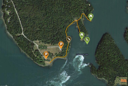 Map of Reversing Falls Park showing trails, parking, and points of interest along the coastline and water features.