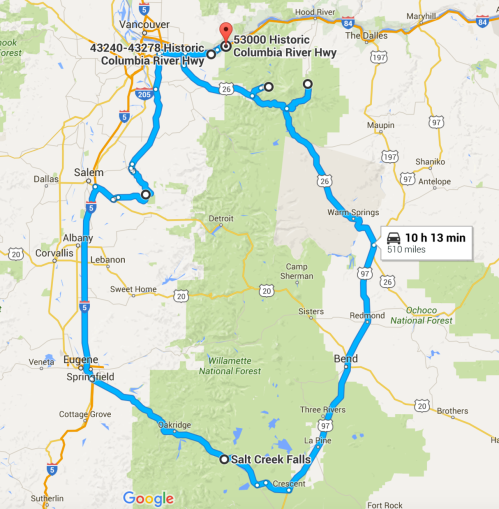 Map showing a route from Salem to Salt Creek Falls via the Historic Columbia River Highway, totaling 510 miles.