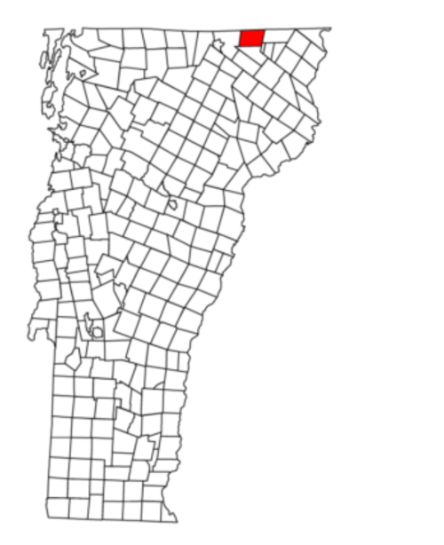 Map of Vermont highlighting a specific county in red, with the rest of the counties outlined in black and white.